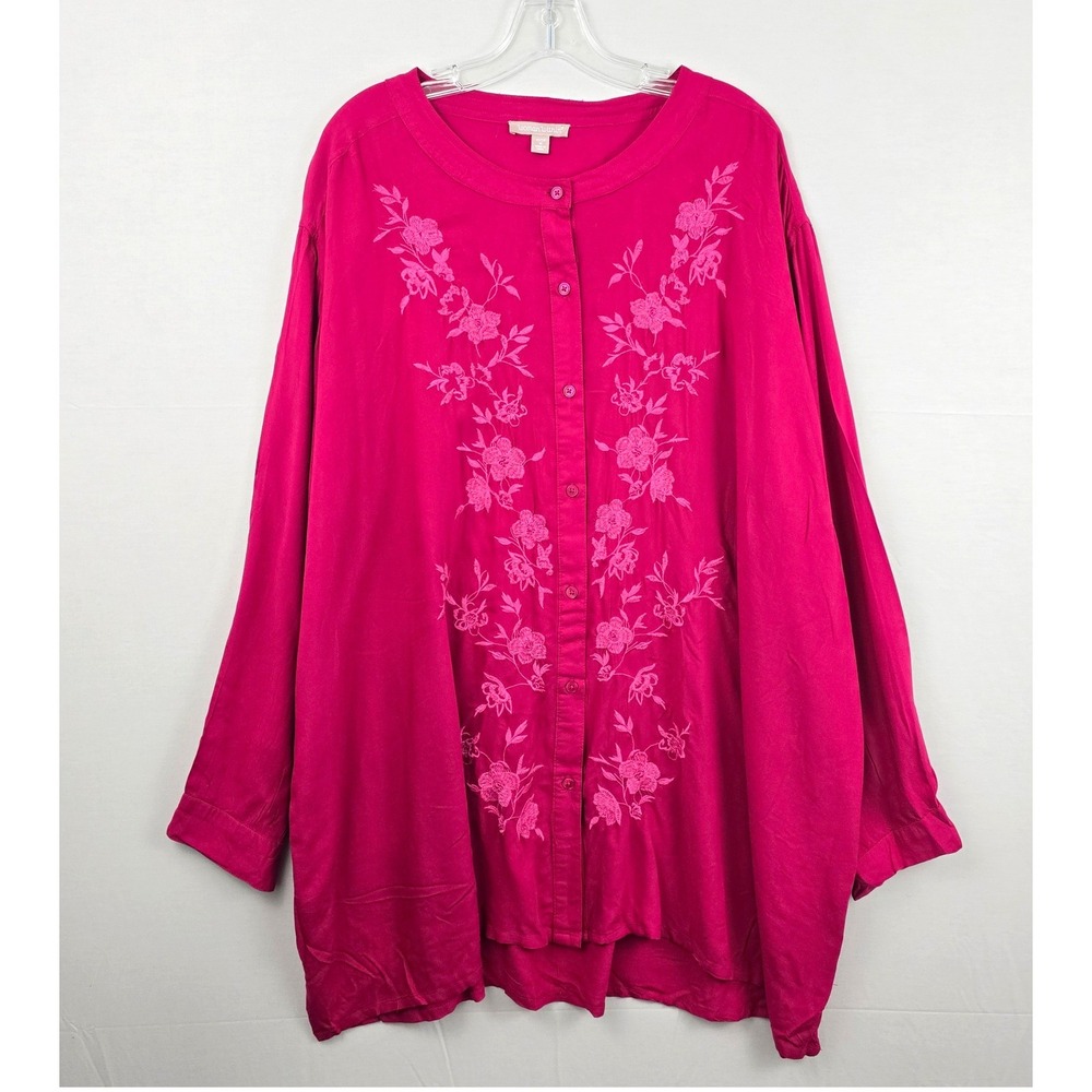 Women Within Long Sleeve Embroidered Front Scoop Neck Women Top Pink New 1X